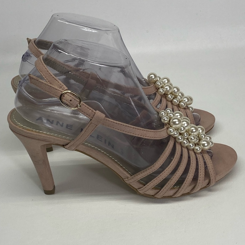 Anne Klein IFlex Formal Sandal  Nude Sling Back Faux Pearls Beads Heels Sz 8M.